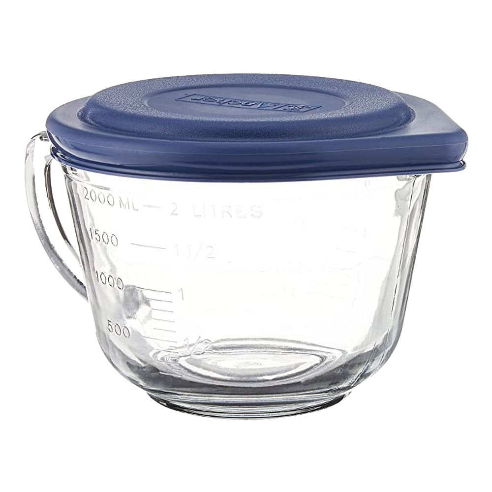 Clear glass batter bowl with blue lid and measurement markings for kitchenware in under $50 collection