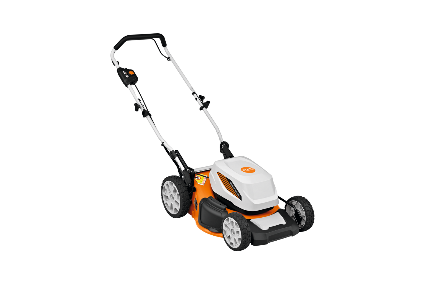 Battery-powered lawn mower with brushless motor, steel cutting deck, adjustable handle, and large wheels for efficient lawn and garden maintenance.