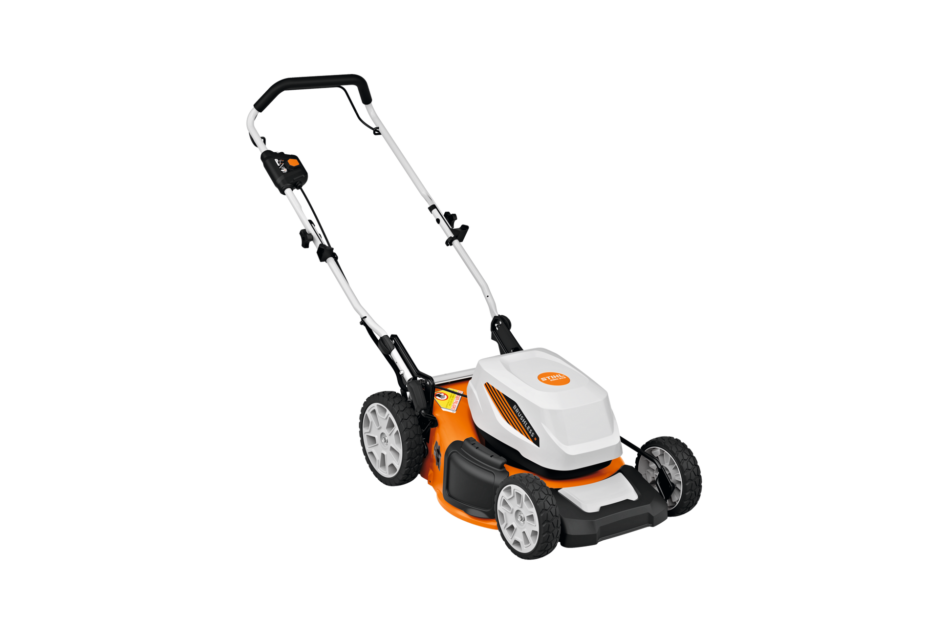 Battery-powered lawn mower with brushless motor, steel cutting deck, adjustable handle, and large wheels for efficient lawn and garden maintenance.