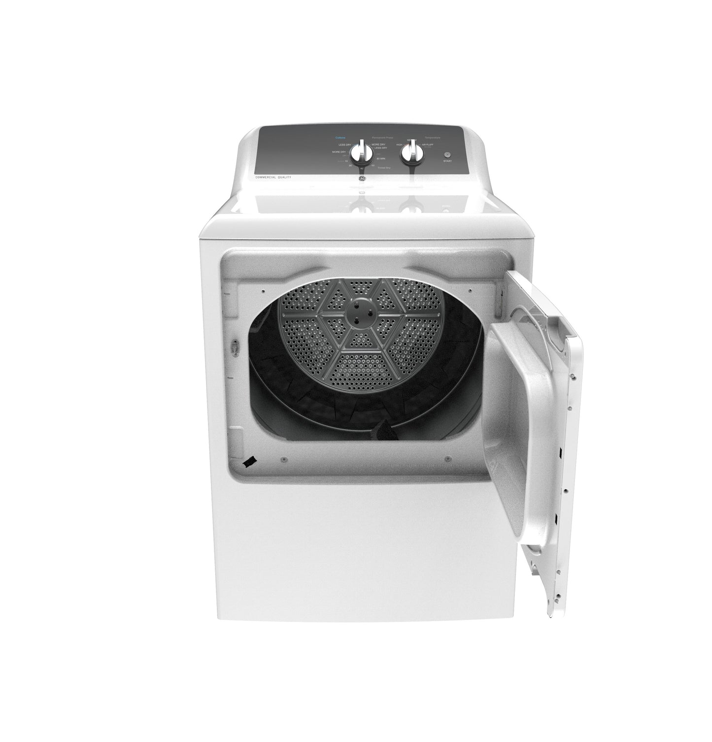 Front view of white electric dryer with open door showing drum interior, suitable for home appliances and laundry use