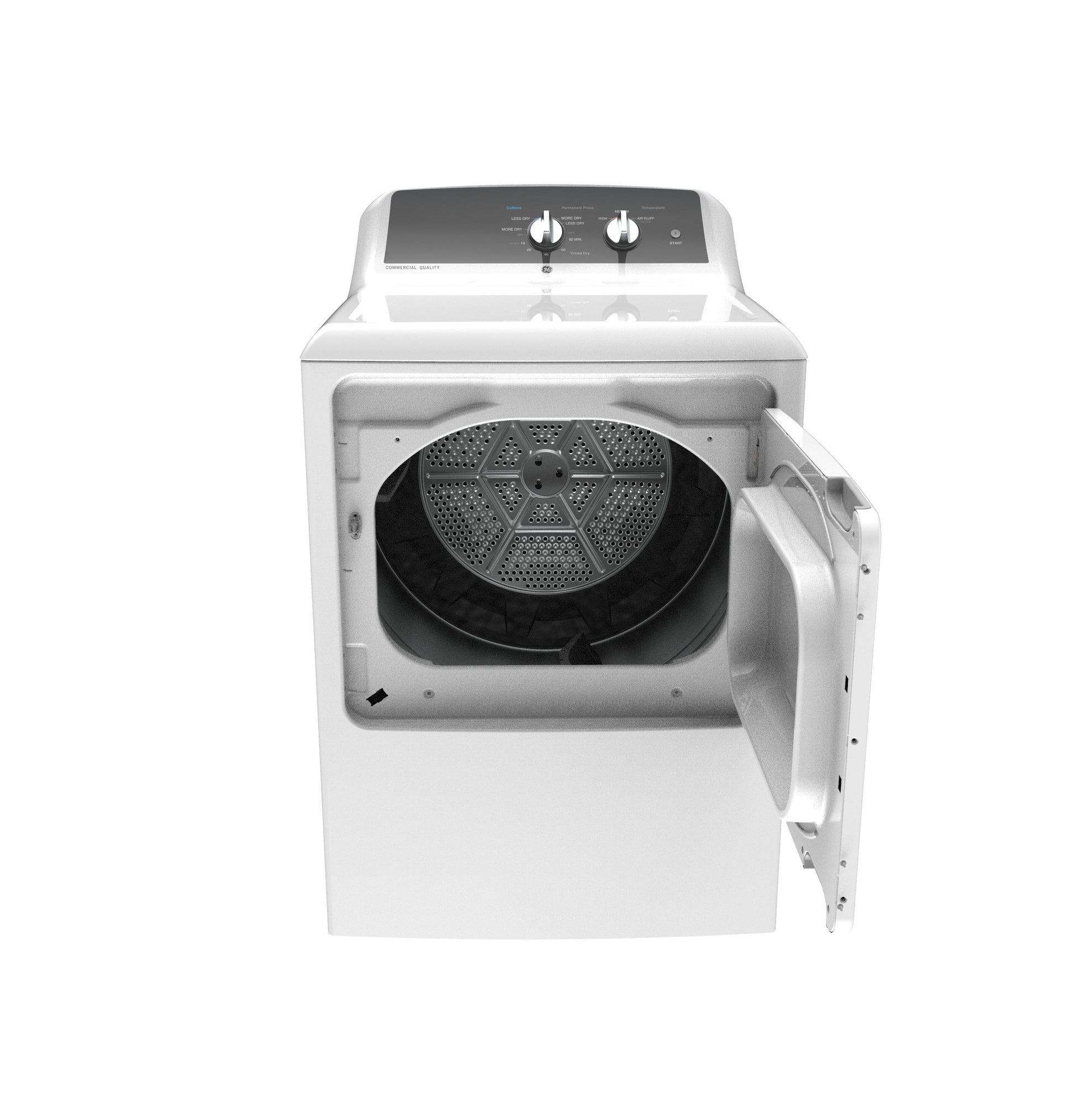 Front view of white electric dryer with open door showing drum interior, suitable for home appliances and laundry use