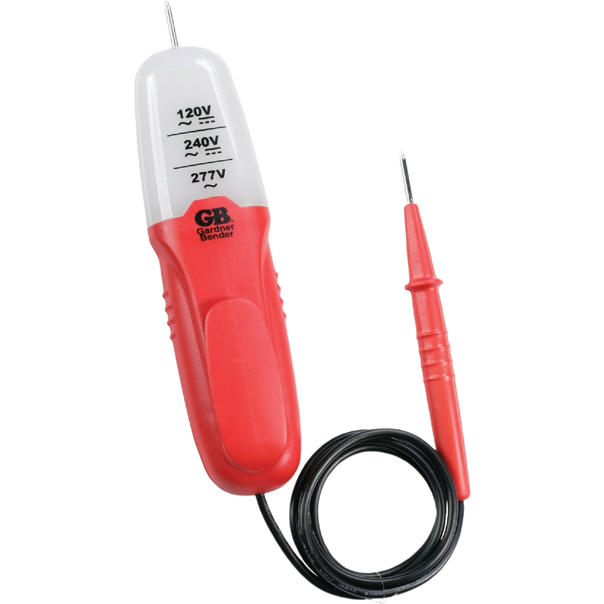 Red and white handheld voltage tester with probe and cable for electrical tools and home improvement tasks