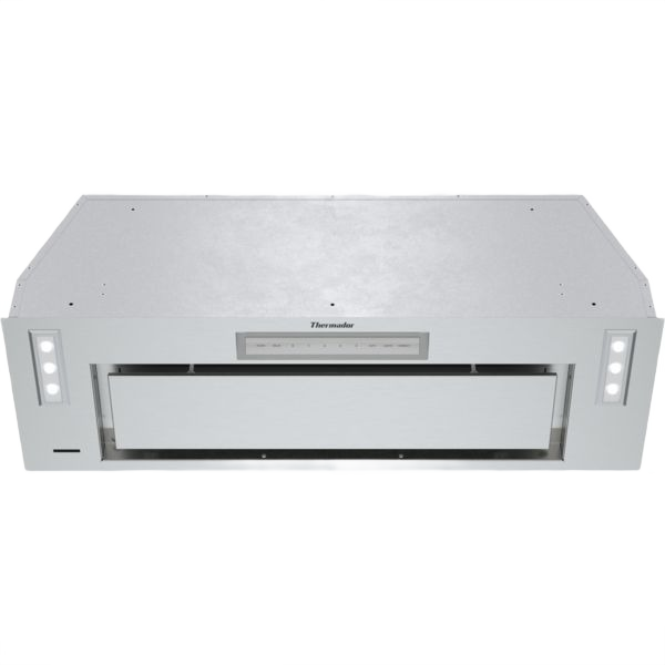 Stainless steel custom insert kitchen hood with LED lights and touch controls from Thermador range hoods collection