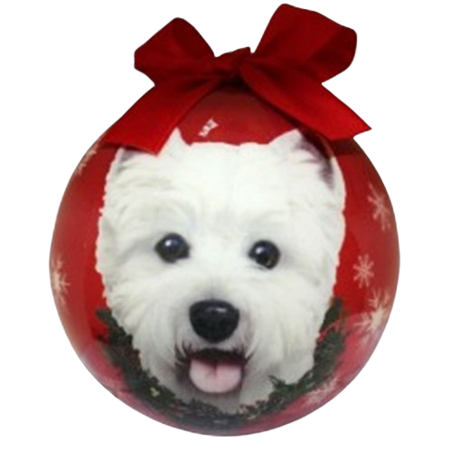 Red Christmas ball ornament featuring a West Highland White Terrier face and festive wreath with a large red bow on top