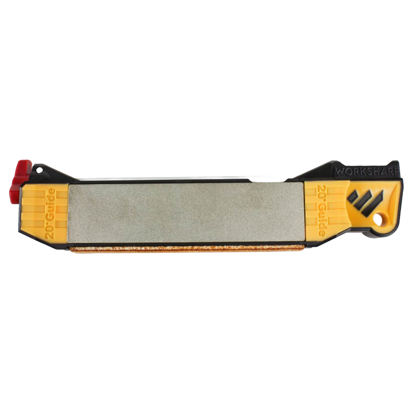 Compact sharpening tool with yellow angle guides and coarse sharpening surface for woodworking and kitchenware tasks