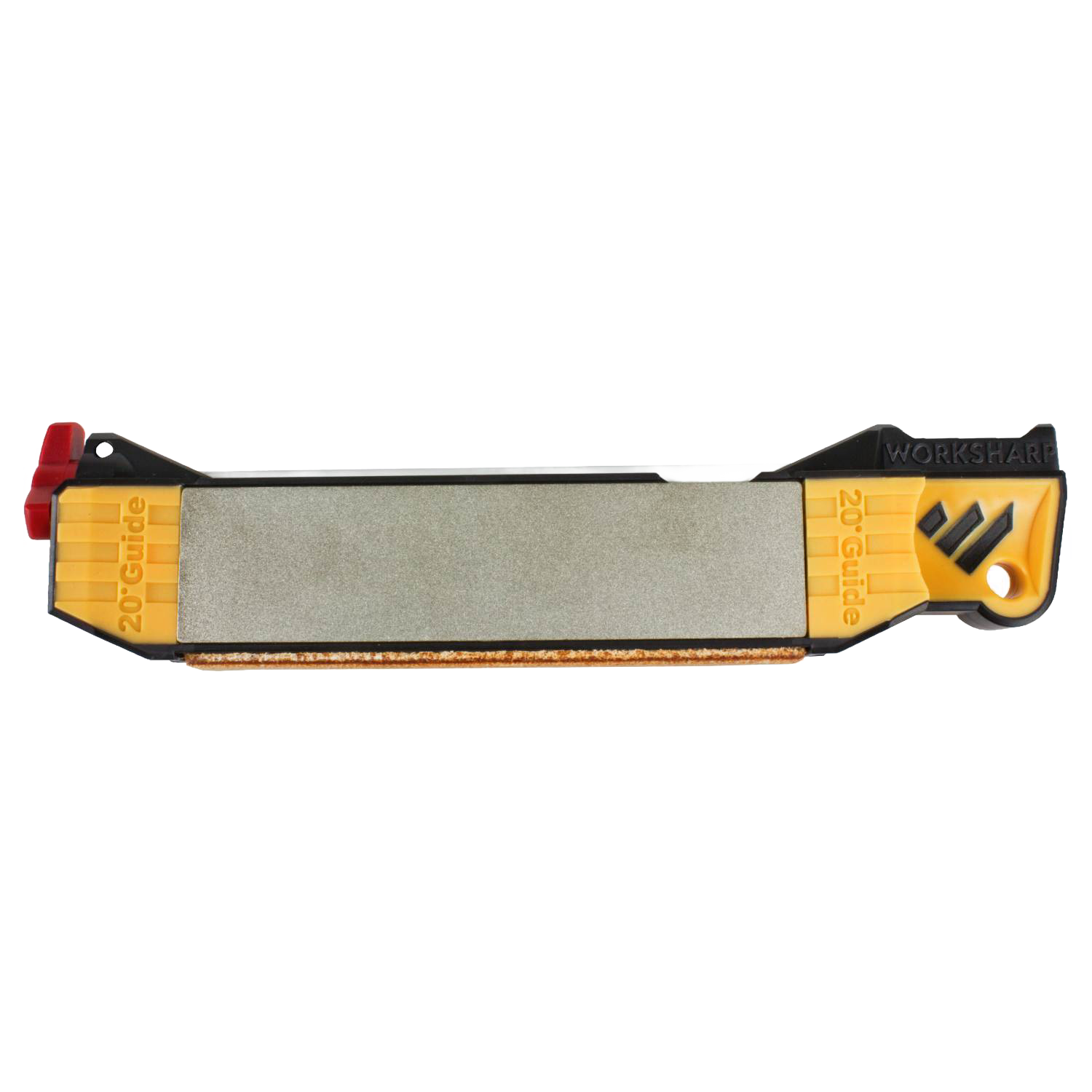 Compact sharpening tool with yellow angle guides and coarse sharpening surface for woodworking and kitchenware tasks