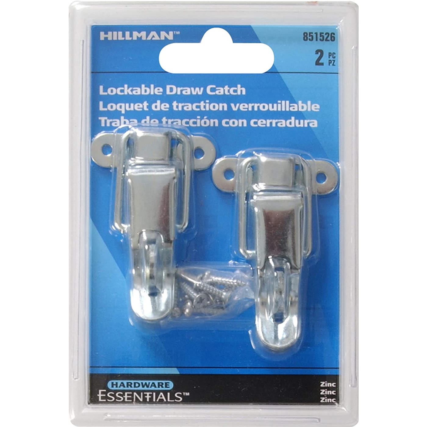 Two zinc-plated wide locking draw catches in plastic packaging with mounting screws for home improvement tasks