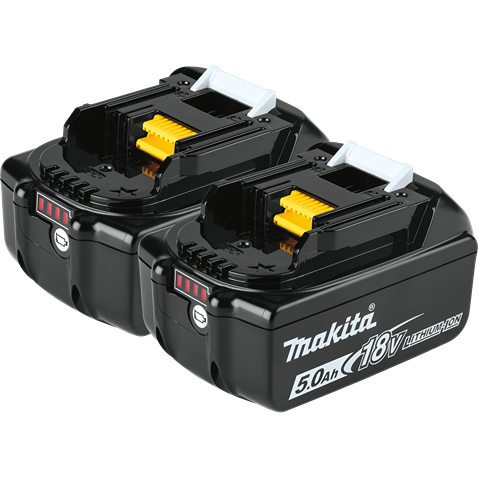 Pair of black Makita 18V lithium ion power tool batteries with 5.0Ah capacity and charge level indicators for home improvement use