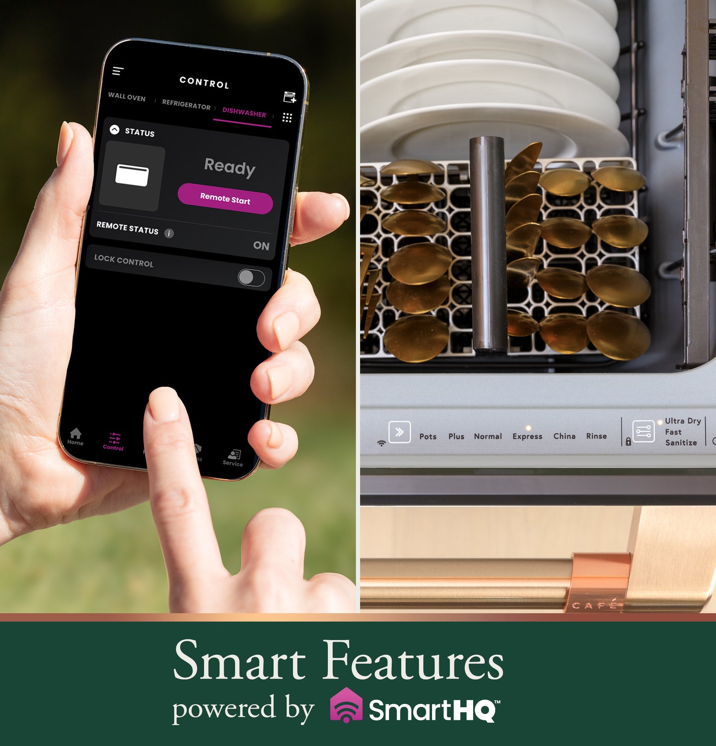 Person controlling smart dishwasher status and settings remotely via mobile app in kitchen appliance context