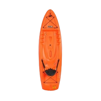 Orange durable sit-on-top kayak with built-in seat and paddle, ideal for outdoor games and water activities.