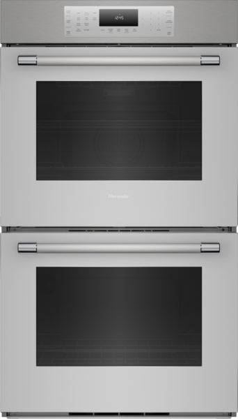 Stainless steel 30-inch double wall oven with digital control panel and large viewing windows in kitchen appliances collection