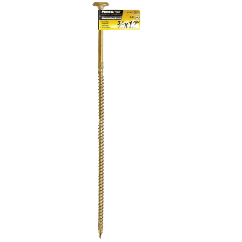 Long gold structural lag screw 3/8 x 12 inch for heavy-duty fastening in hardware and lumber projects.