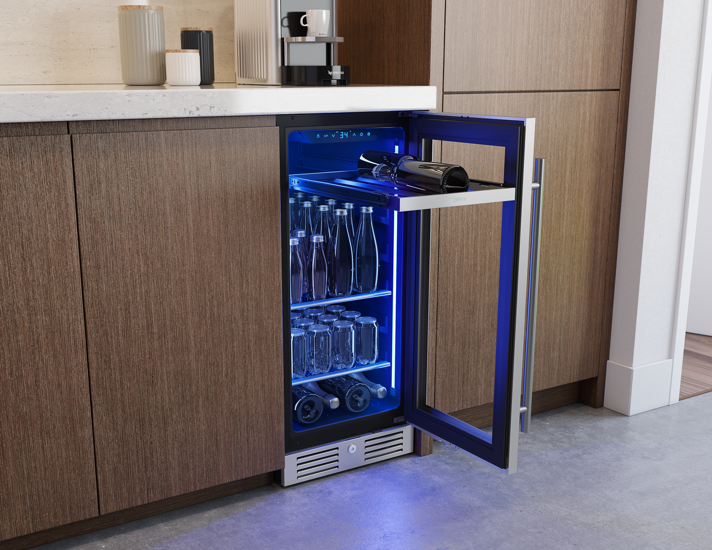 Stainless steel beverage cooler with glass door, blue LED lighting, wood rack, and adjustable shelves in modern kitchen setting