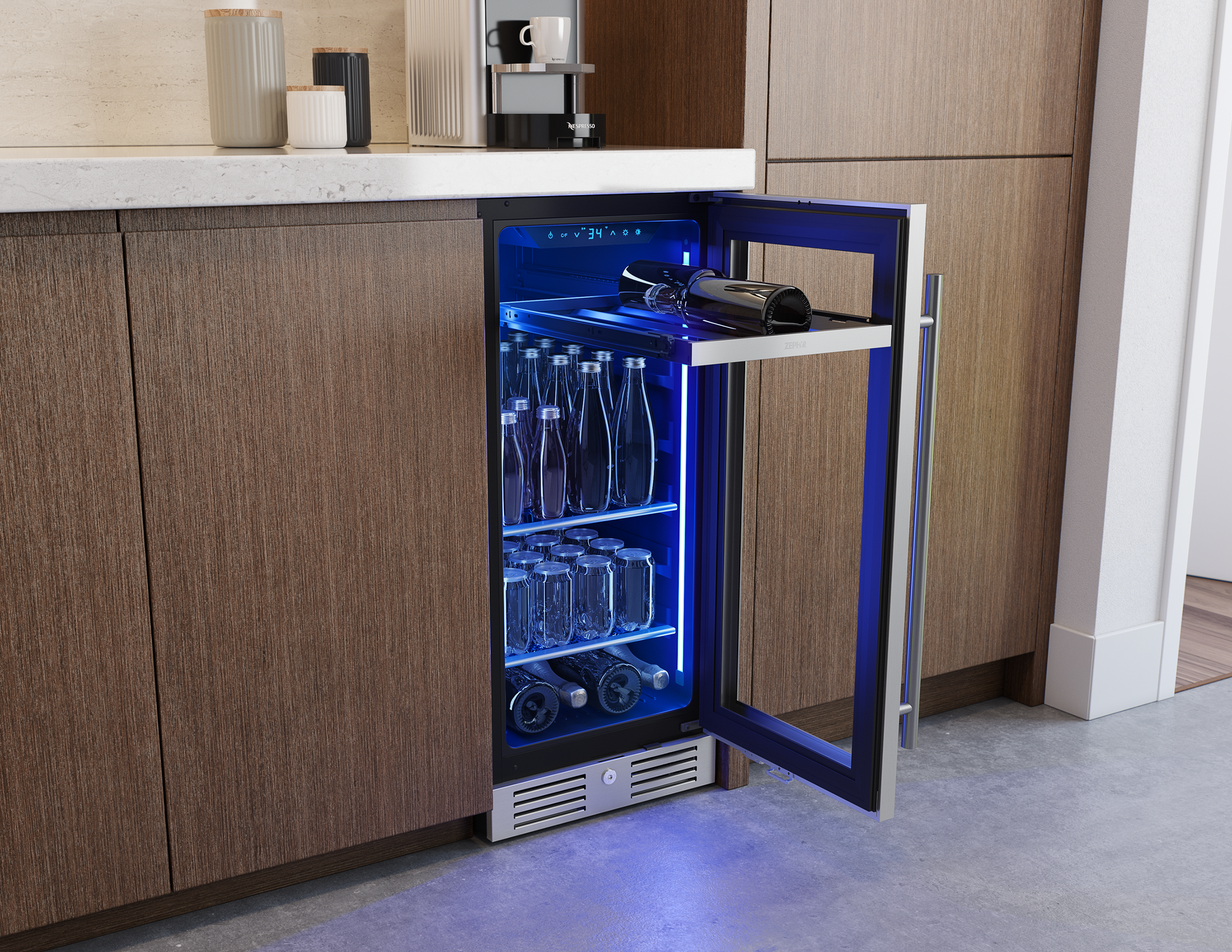 Stainless steel beverage cooler with glass door, blue LED lighting, wood rack, and adjustable shelves in modern kitchen setting