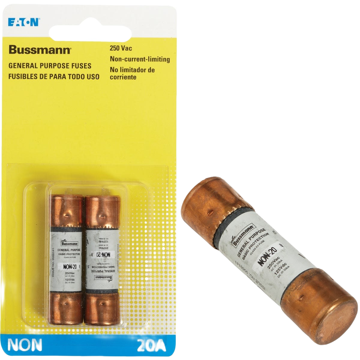 Pair of copper-ended 20 amp general purpose Bussmann fuses in yellow and blue retail packaging for home improvement use
