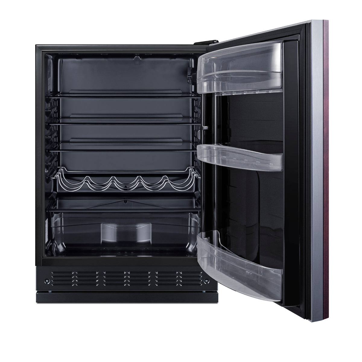 Compact undercounter black all-refrigerator open showing adjustable shelves, door bins, and beverage rack in kitchen appliances collection