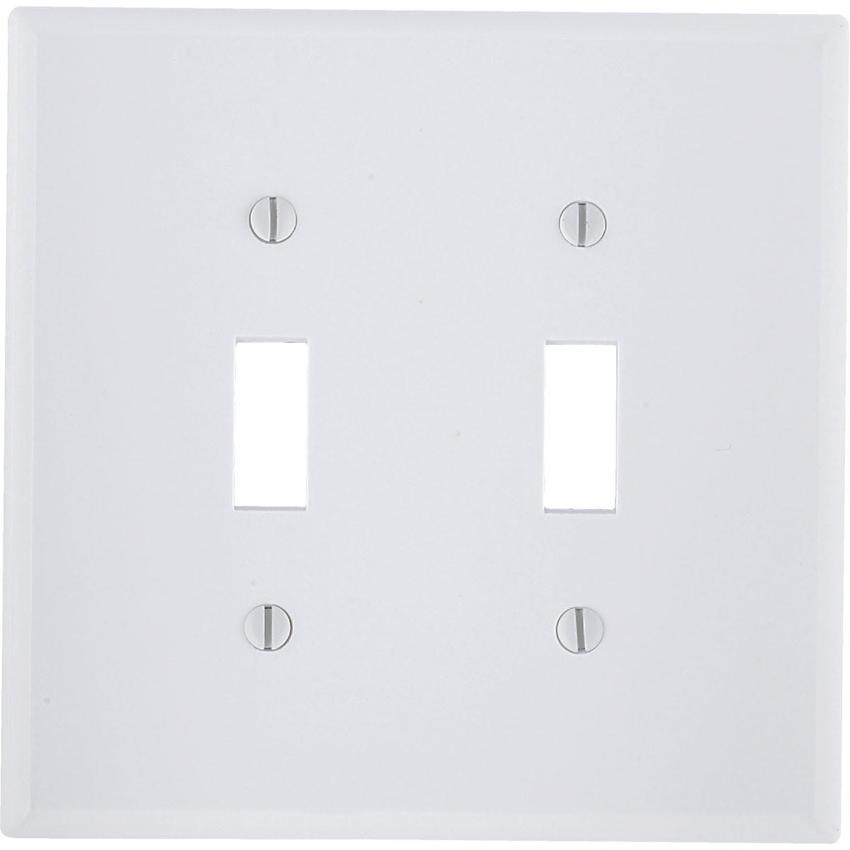 White plastic 2-gang wall plate for toggle switches in electrical and home improvement applications