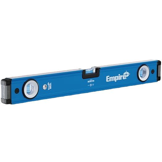 Blue magnetic box level with acrylic block vials and shock-absorbing end caps for woodworking and measuring tools collections