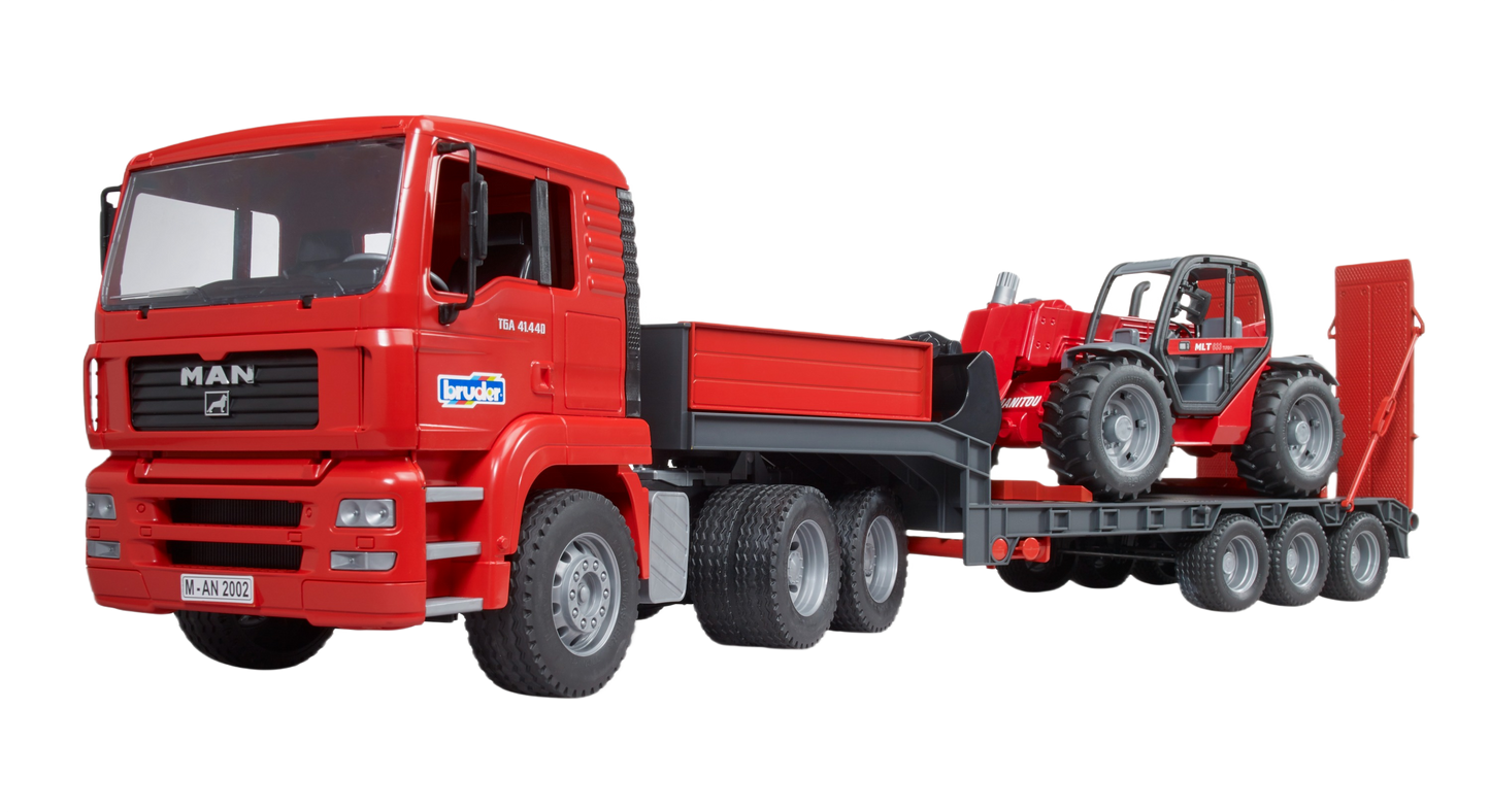 Red MAN TGA flatbed truck model transporting a red Manitou loader for construction-themed play sets