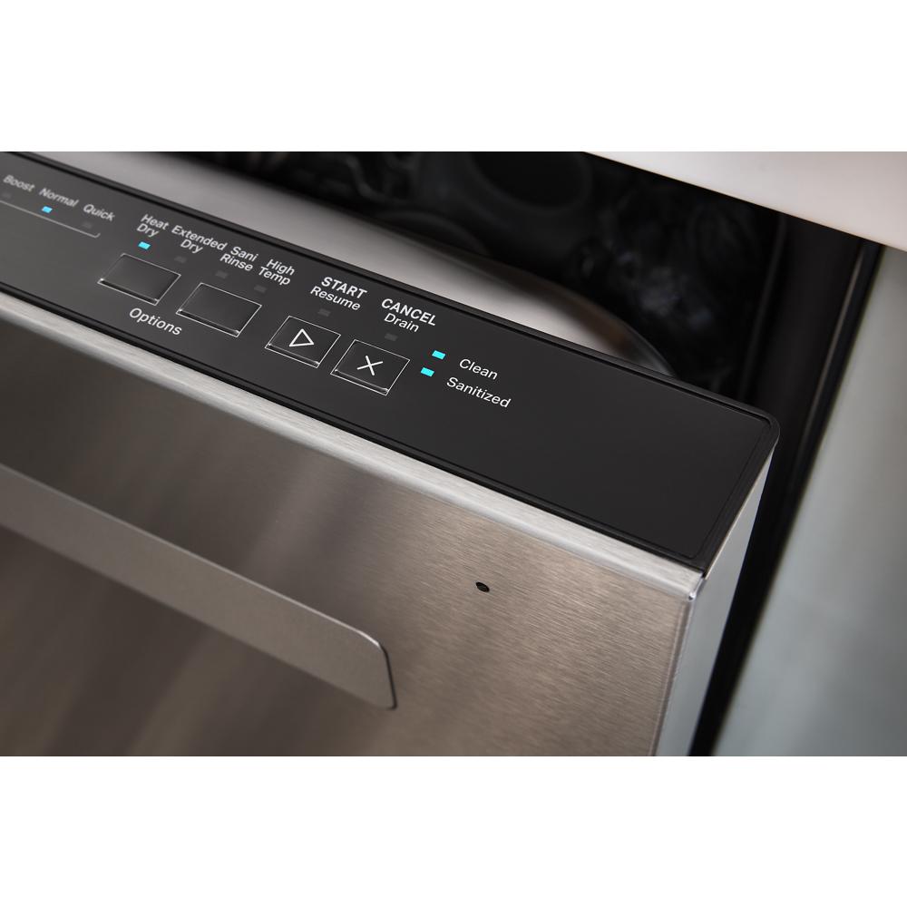 Close-up of stainless steel dishwasher control panel with illuminated buttons in dishwashers and kitchen appliances collection