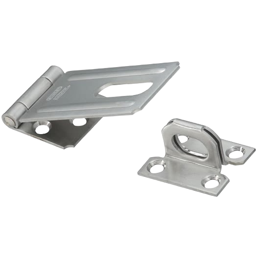 Stainless steel safety hasp with hinged clasp and mounting holes for secure door and gate hardware applications