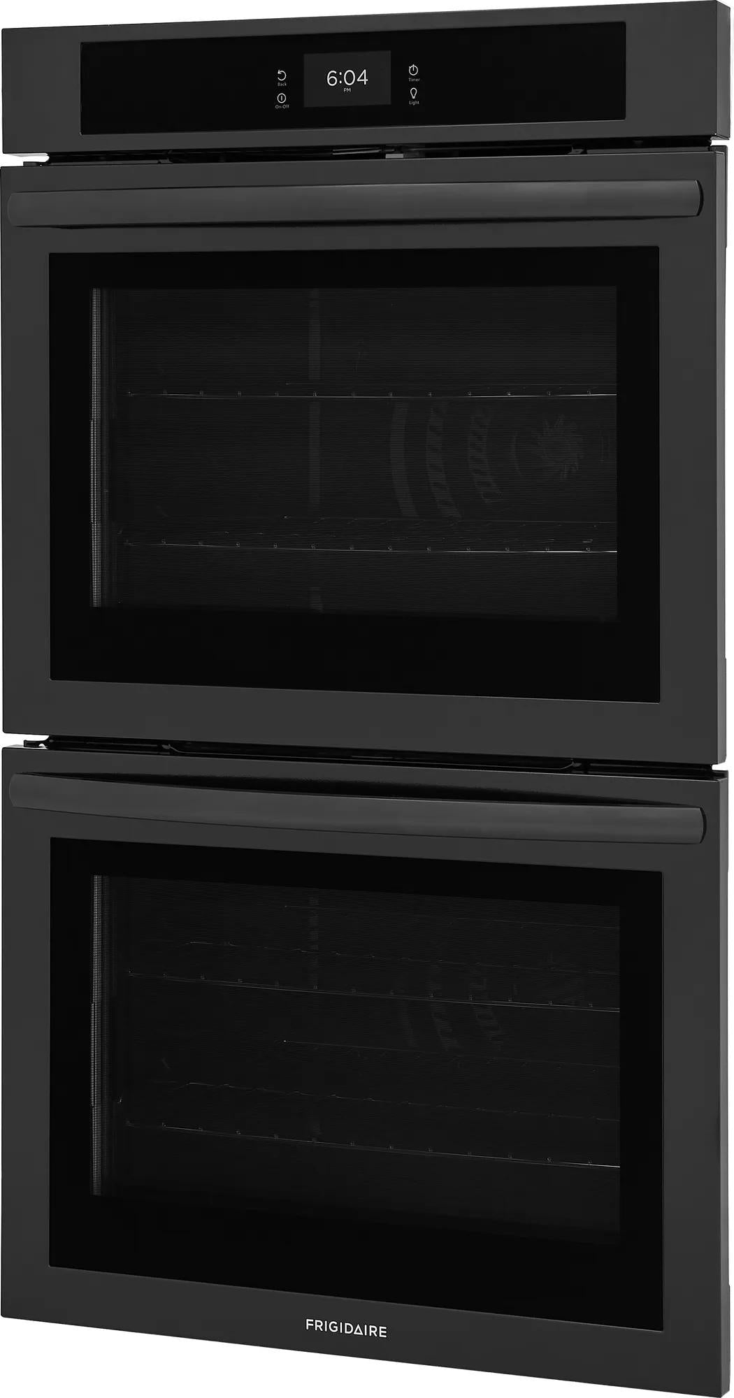 Black double electric wall oven with fan convection, digital touch screen controls, and spacious interior for multi-rack baking