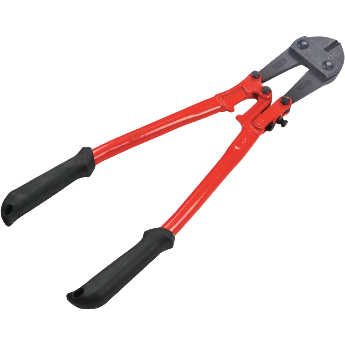 Red-handled bolt cutters with black grips designed for cutting tasks in hand tools and woodworking collections