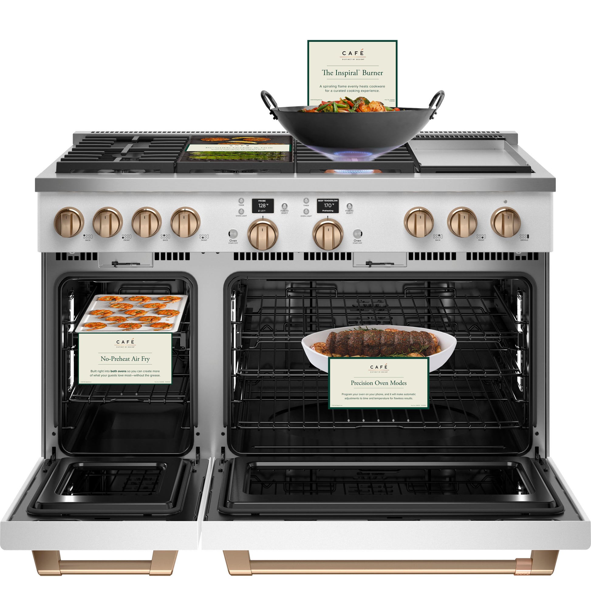 Stainless steel dual-fuel range with six burners, griddle, and two open ovens displaying food in kitchen appliances collection