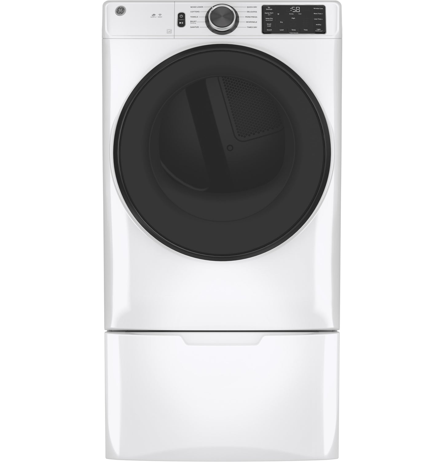White smart front load electric dryer with large black door and digital controls from Dryers and Appliances collections