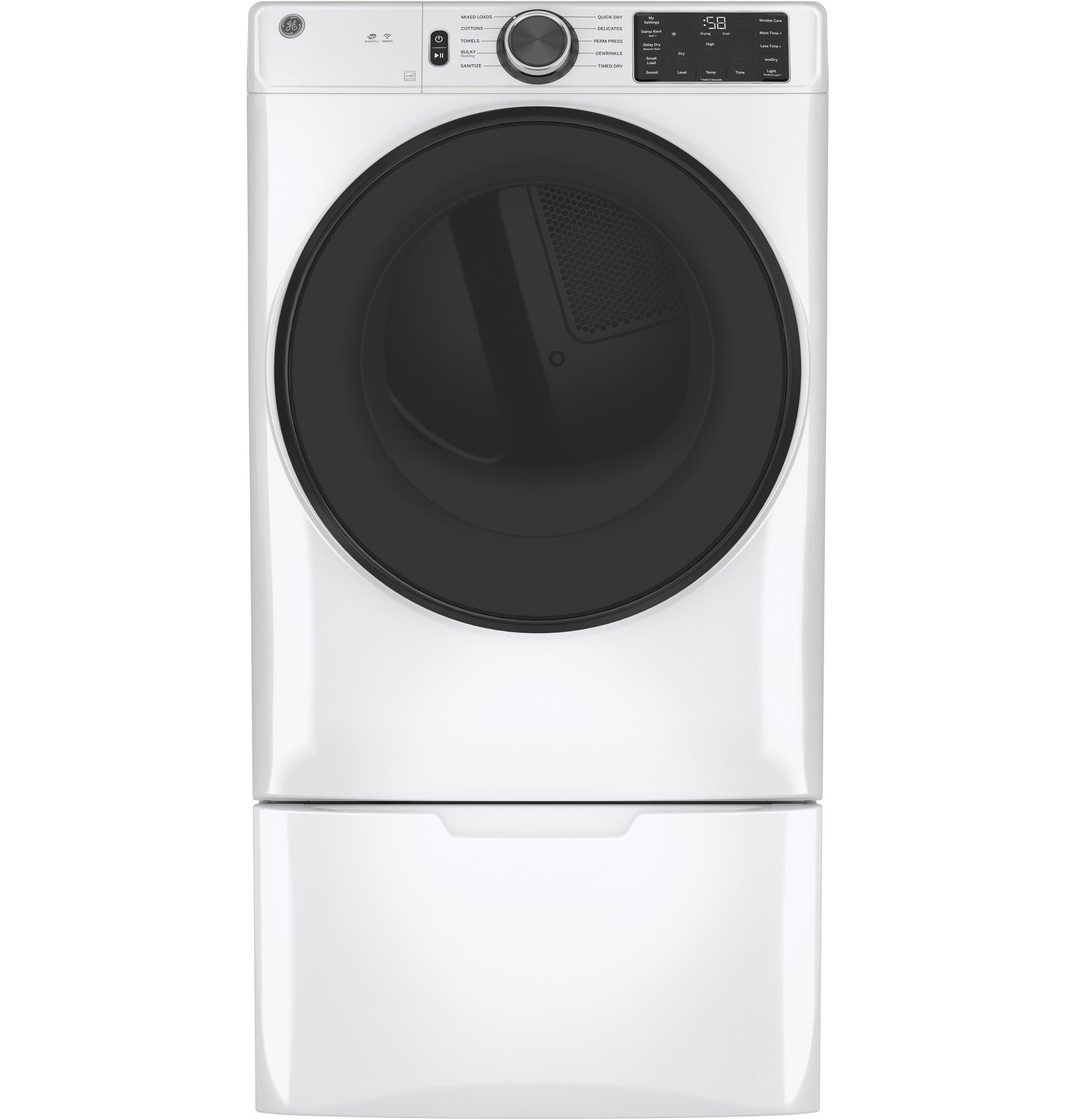 White smart front load electric dryer with large black door and digital controls from Dryers and Appliances collections