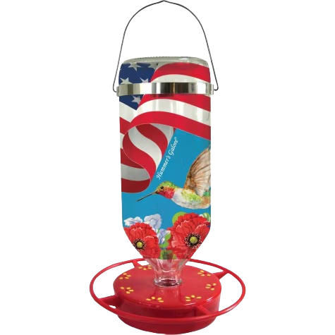 Red hummingbird feeder with patriotic flag design and floral accents for outdoor living and bird feeder collections