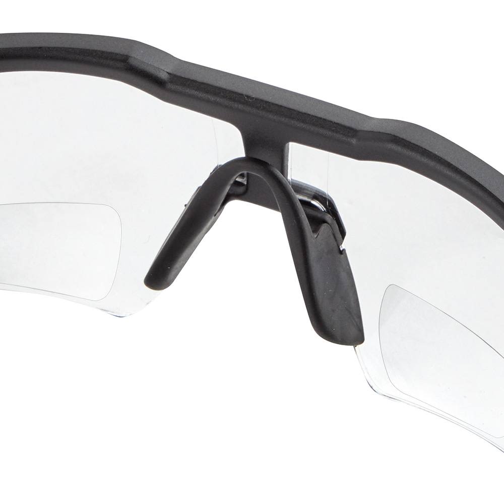 Close-up of clear lens protective eyewear with black frame and adjustable nose bridge for safety gear collections