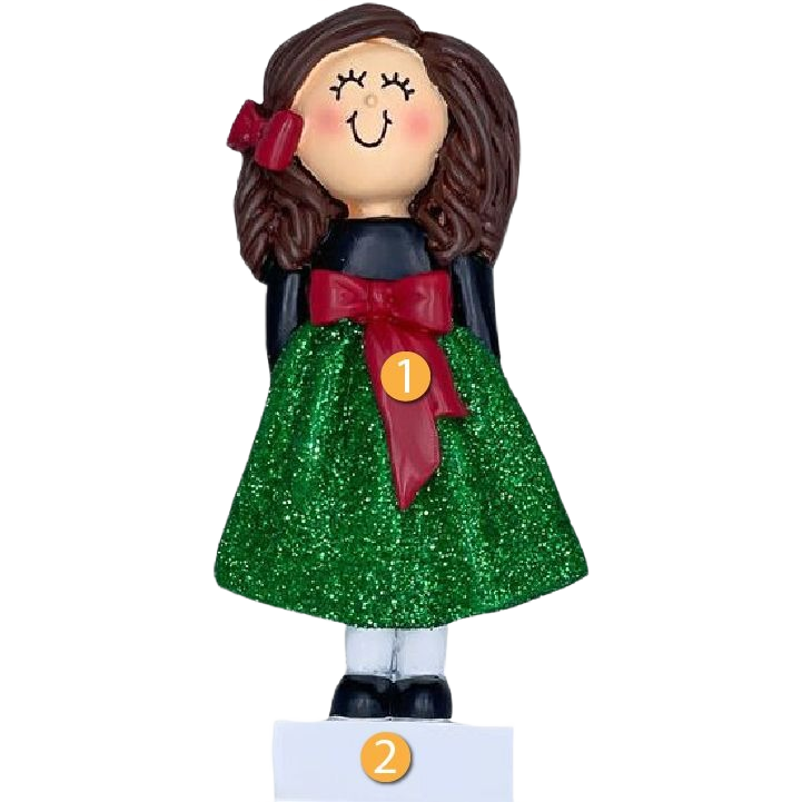 Brunette girl figurine in glittery green dress with red bow for Christmas Ornaments & Tree Decorations under $50 collection