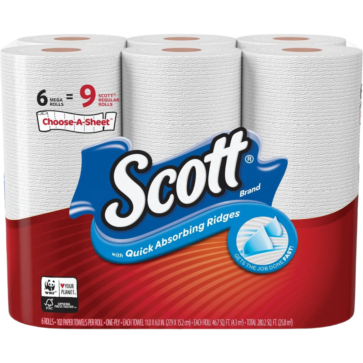 Pack of six white mega paper towel rolls with quick absorbent ridges for kitchenware and home cleaning under $50