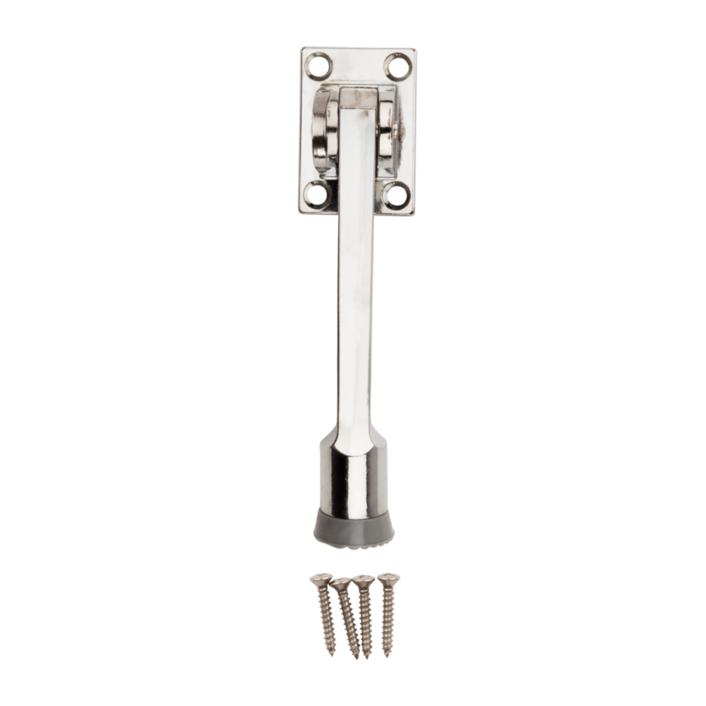 Chrome kickdown door stop with spring locking mechanism and mounting screws for door accessories in home improvement projects under $50 collection