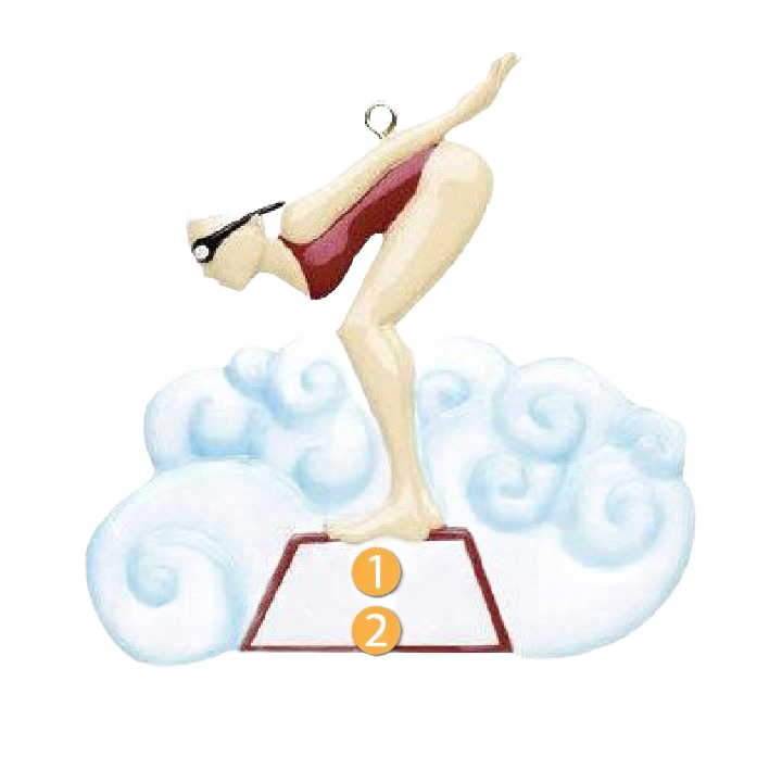 Girl swimmer figurine ornament poised to dive from starting block with swirling blue wave background