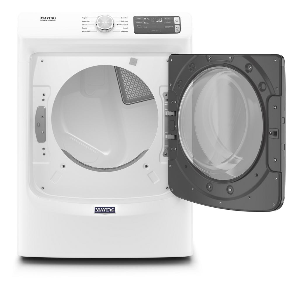 White front load electric dryer with open dark glass door and digital control panel from Dryers collection