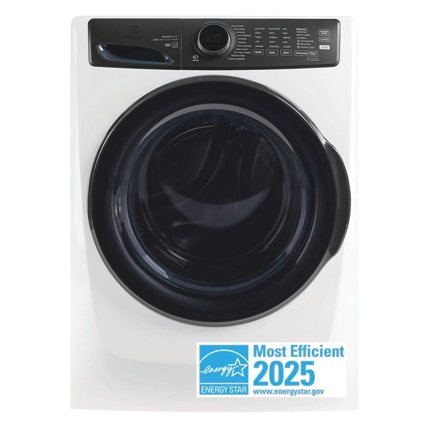 White front load washer with black door and digital control panel for front load washers and appliances collections