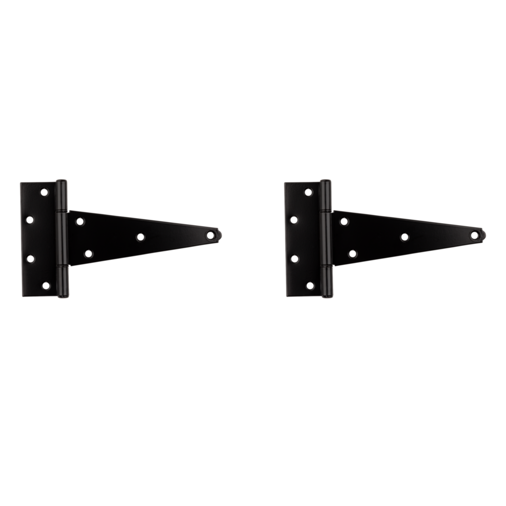Pair of black heavy-duty 8-inch tee hinges with multiple mounting holes for gates, doors, and hardware collections under $50