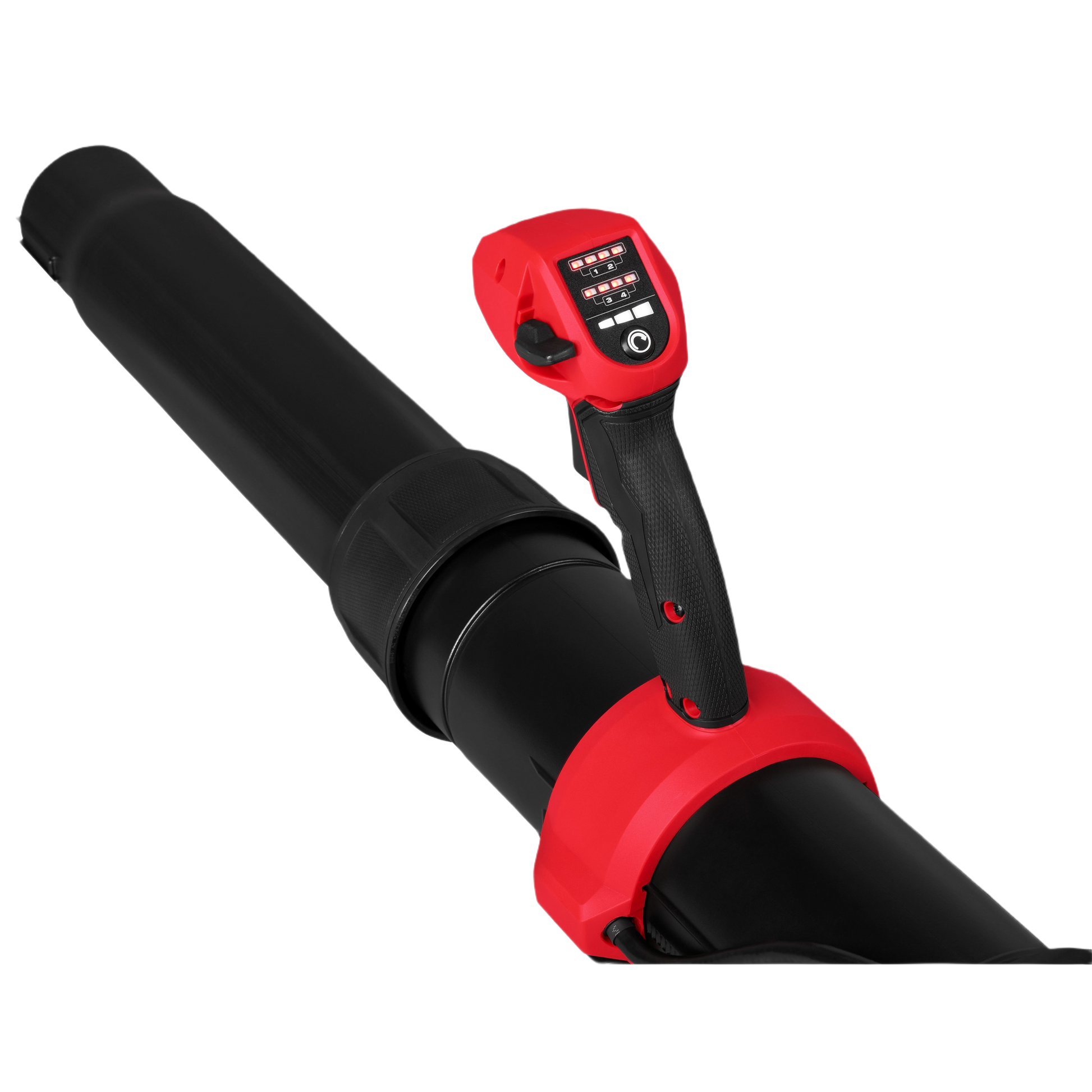 Black and red cordless blower tube with digital control panel and ergonomic handle for home improvement tasks