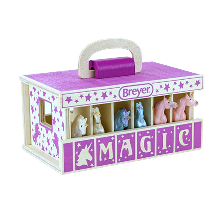 Wooden carry stable with colorful unicorn figures and purple star designs for imaginative play and storage