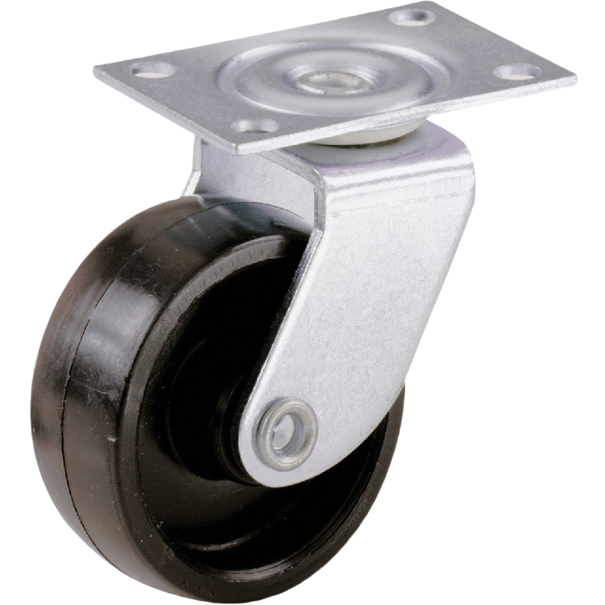Black light-duty swivel caster with metal plate and smooth wheel for home improvement and tool use
