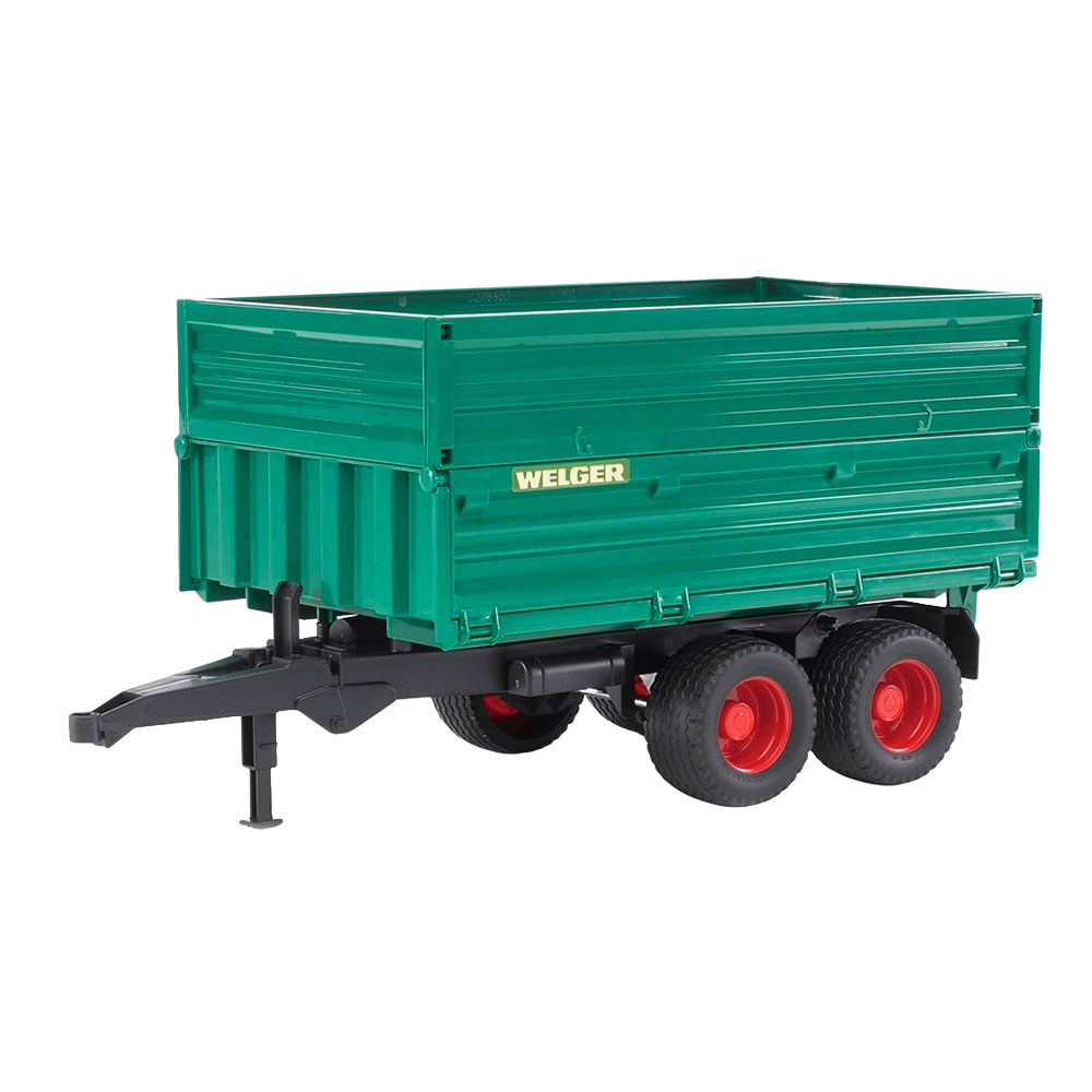 Green tandem axle tipping trailer toy with removable top and red wheels from Bruder Toys collection
