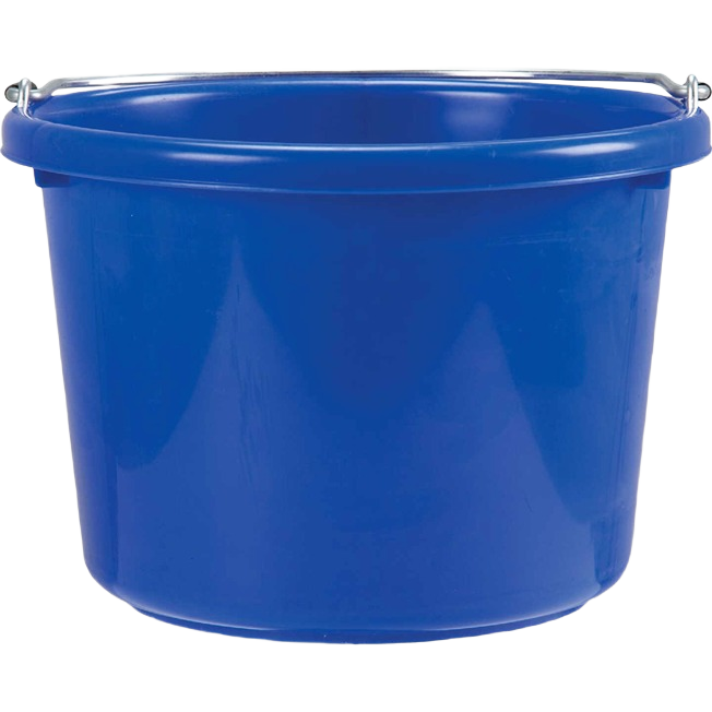 Blue durable poly bucket with metal handle for farm, pet, cleaning, and livestock use under $50