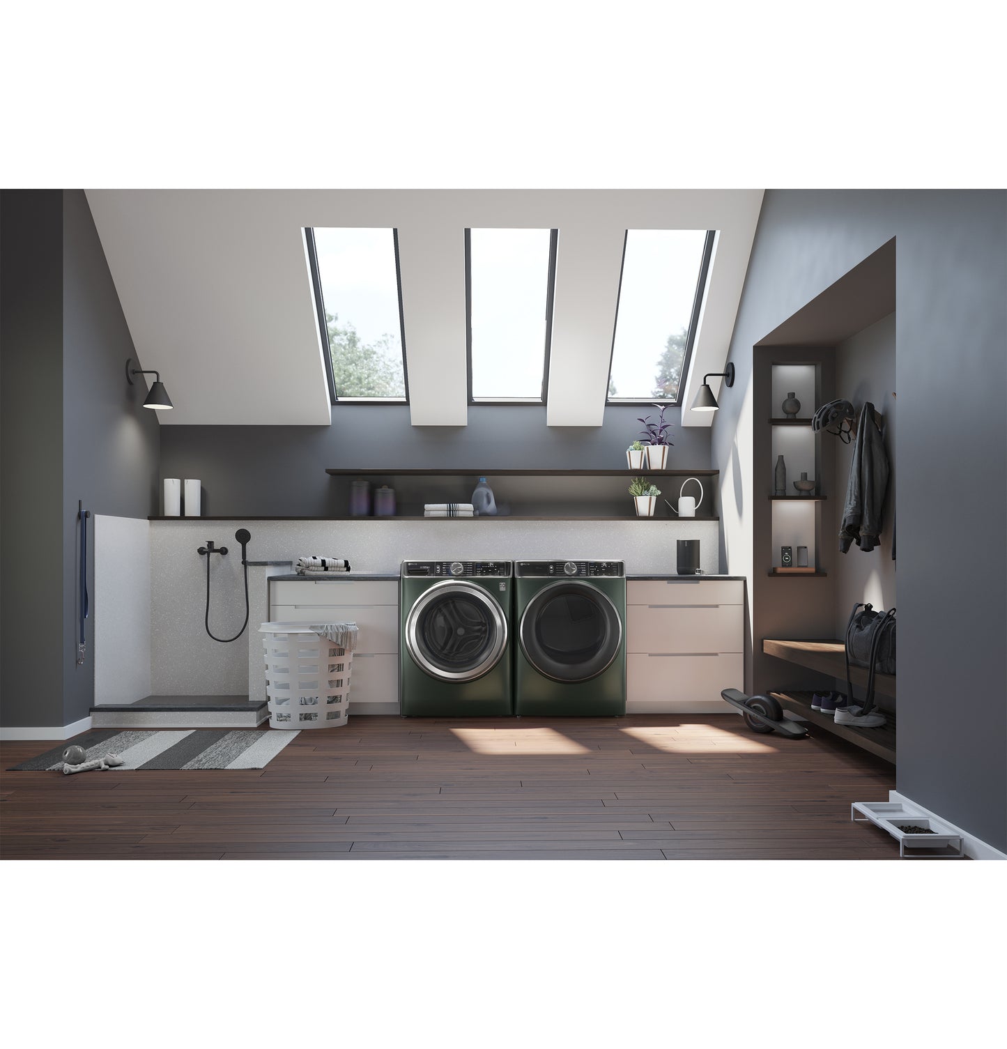 Modern laundry room with dark green smart front load washer and dryer under skylights in Appliances and Dryers collection