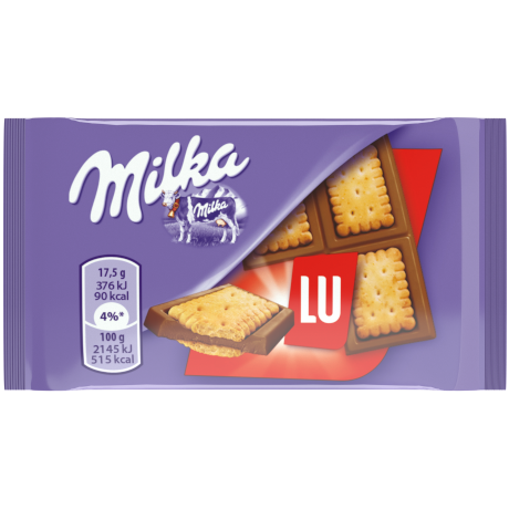 Purple Milka packaging with milk chocolate bar topped with square biscuit for Chocolates & Candies collection