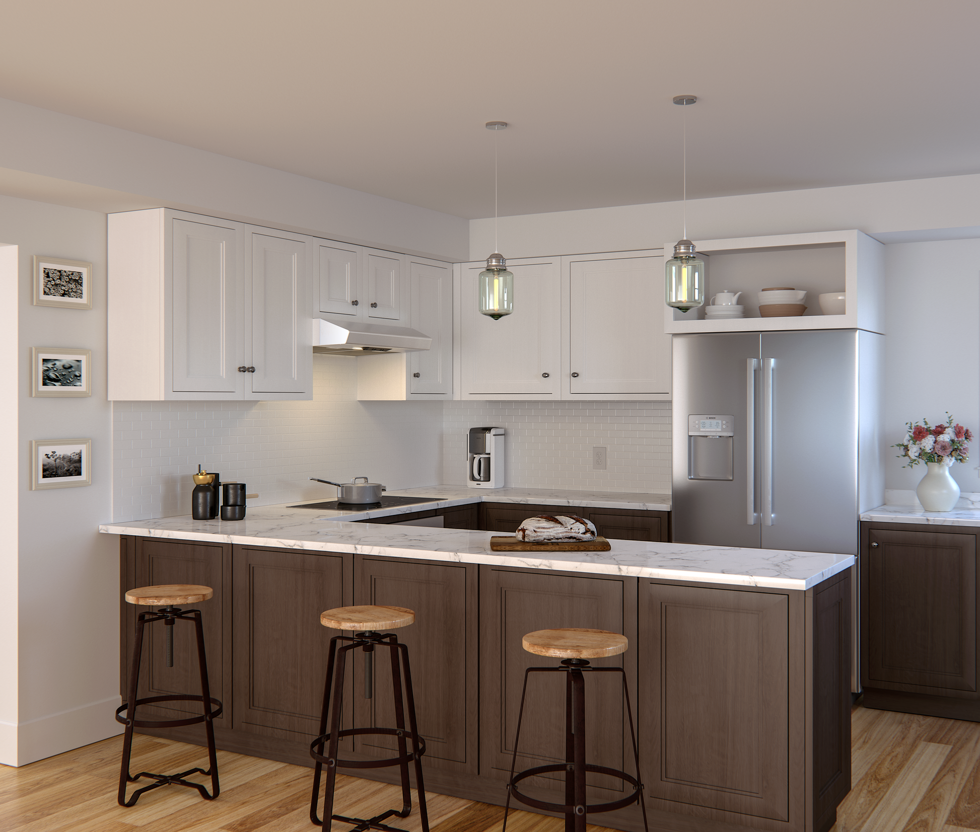 Contemporary kitchen with stainless steel under-cabinet range hood, white upper cabinetry, dark wood island with marble countertop, and pendant lighting, part of Over the Range Hoods, Range Hoods, and Kitchen & Kitchenware collections.