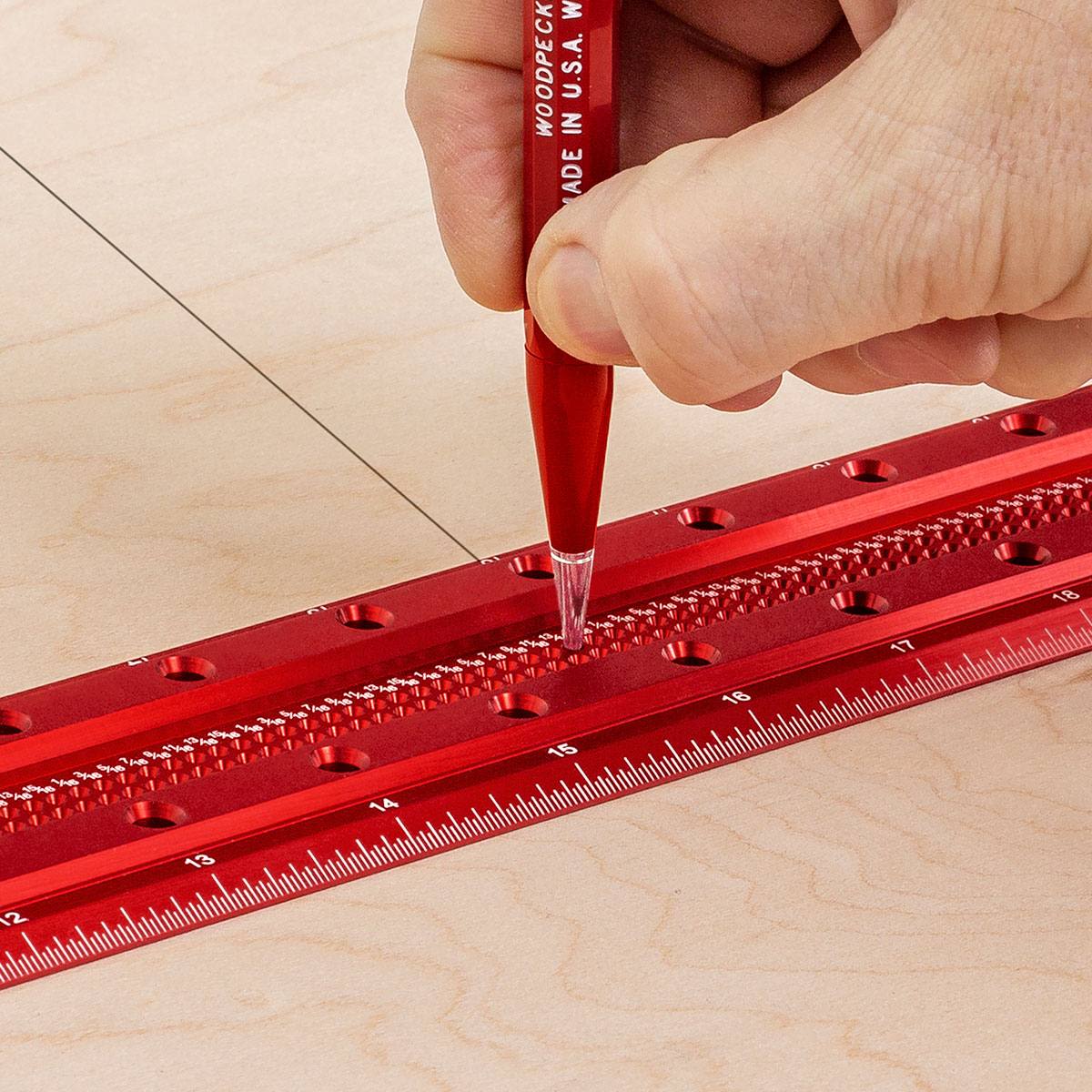 Hand marking precise measurements on wood using red Woodpeckers 12-In. T Square in woodworking and hand tools collections