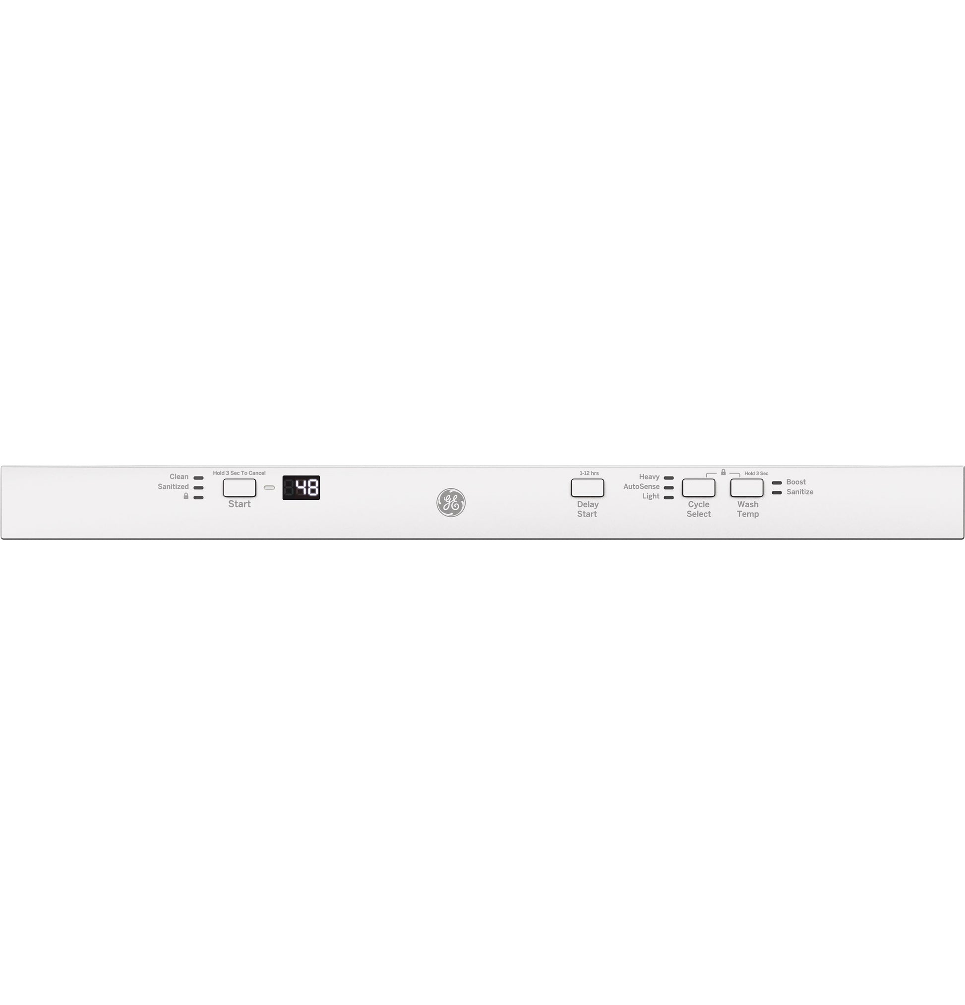 White dishwasher control panel with digital display and multiple cycle and option buttons from appliances collection