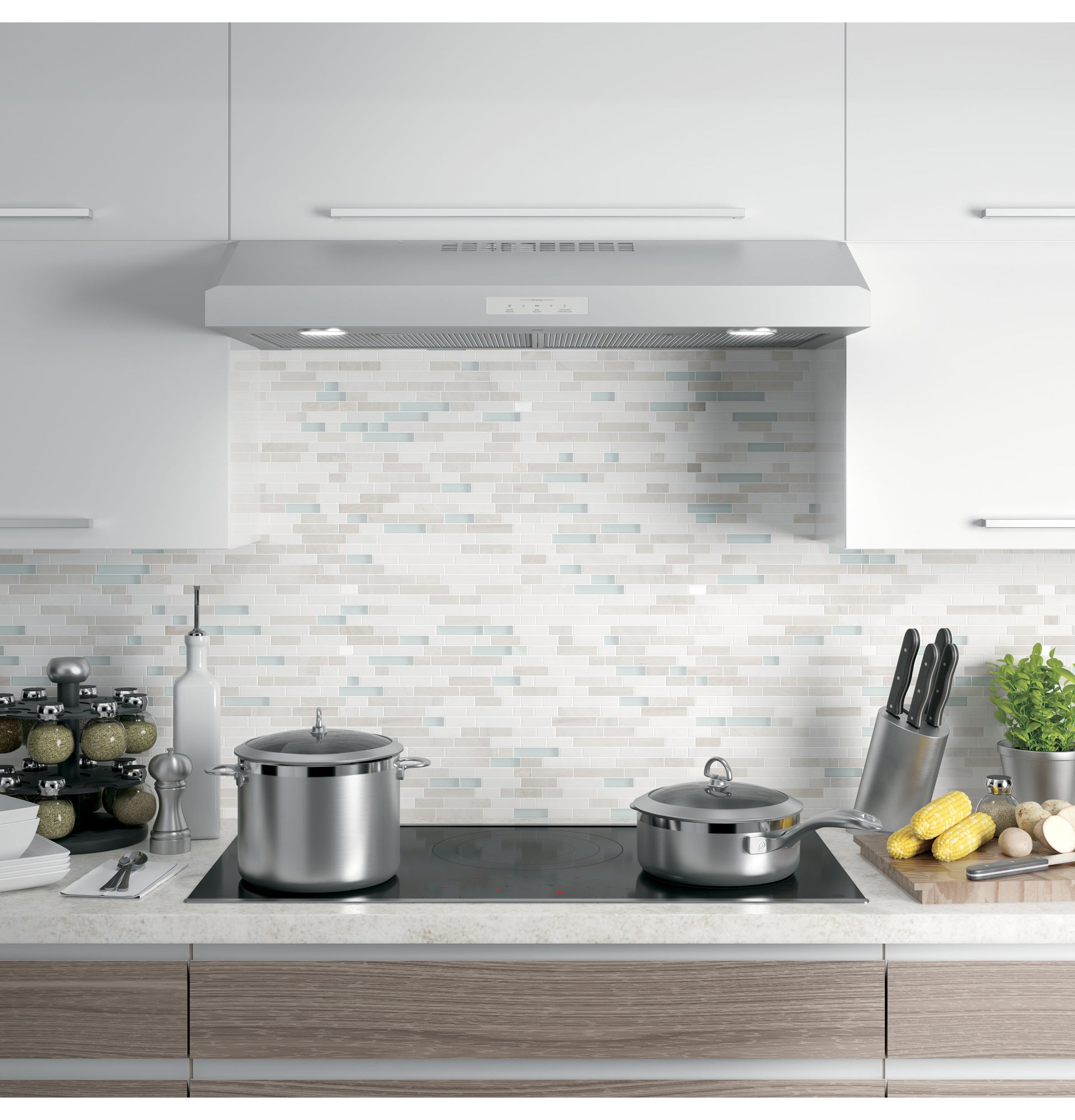 Under cabinet stainless steel range hood with built-in lights and control panel in kitchen appliances and home improvement collection